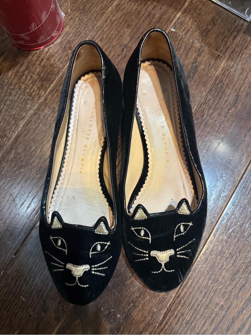 Charlotte Olympia Black Velvet Cat-Embroidered Flats